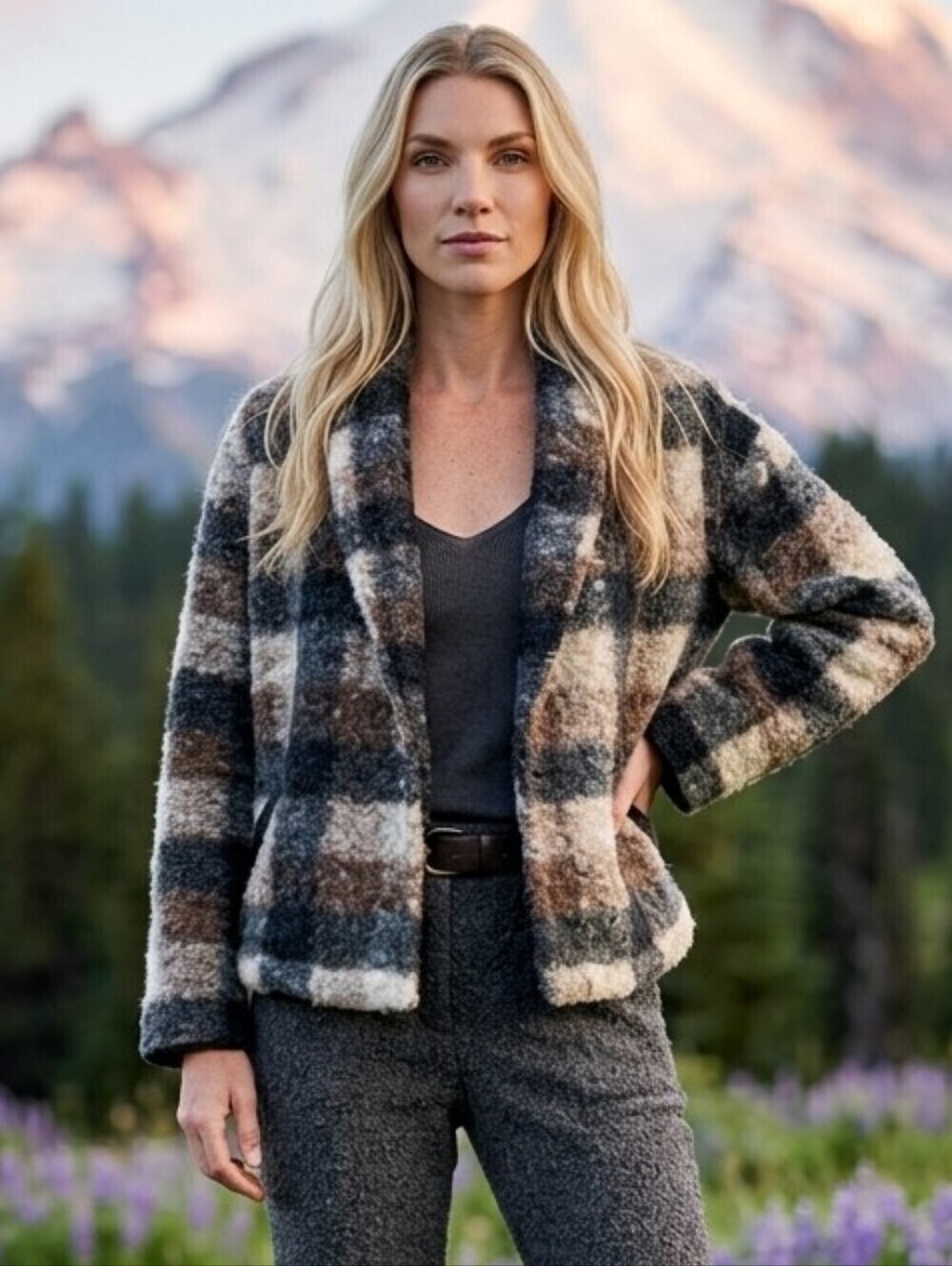 Knox Rose Faux Curly Fur Plaid Sweater jacket w pockets Sz XS